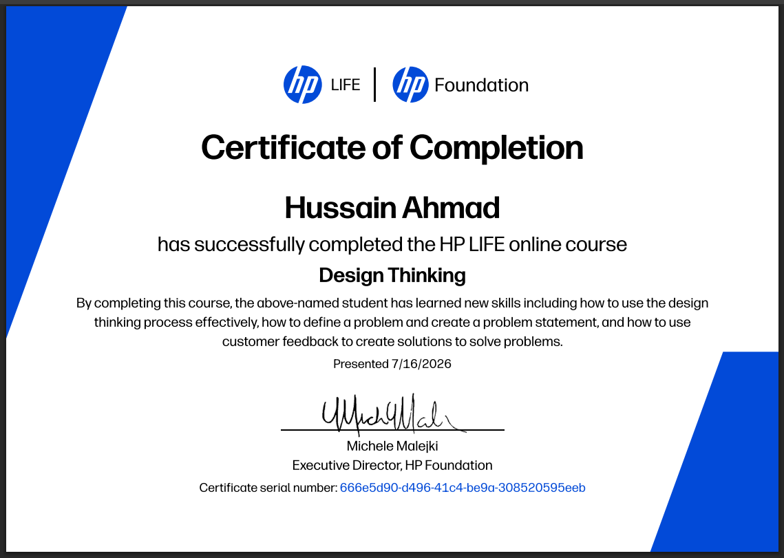 Design Thinking certificate preview