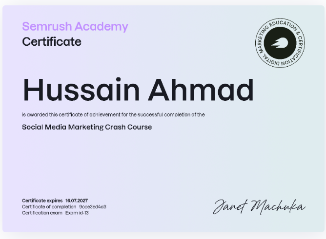 Social Media Marketing Crash Course certificate preview